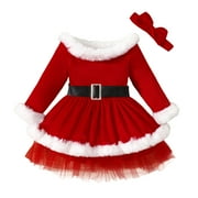 Toddler Christmas Dress Long Sleeve Christmas Santa Theme Fleece Dresses And Headbands Set Princess Dress 18-24 Months